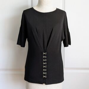 Topshop Tee Jersey Knit Short Sleeve Crew Hook & Eye Embellished Black S NWT